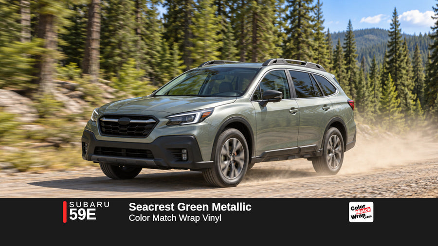 Illustrative Outback-inspired wagon in Subaru 59E Seacrest Green Metallic with Color Match Wrap branding
