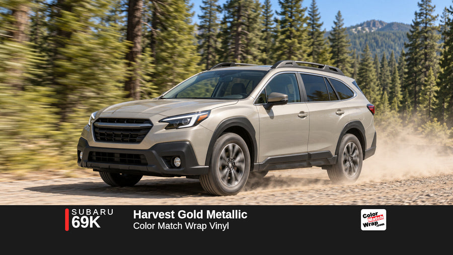 Illustrative Outback-inspired wagon in Subaru 69K Harvest Gold Metallic with Color Match Wrap branding