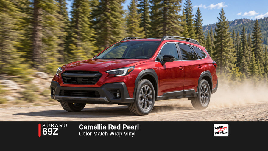 Illustrative Outback-inspired wagon in Subaru 69Z Camellia Red Pearl with Color Match Wrap branding