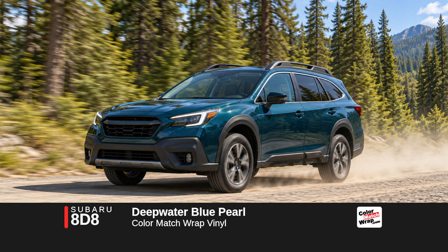 Illustrative Outback-inspired wagon in Subaru 8D8 Deepwater Blue Pearl with Color Match Wrap branding