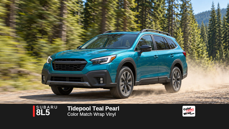 Illustrative Outback-inspired wagon in Subaru 8L5 Tidepool Teal Pearl with Color Match Wrap branding