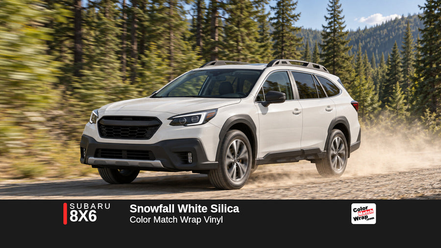 Illustrative Outback-inspired wagon in Subaru 8X6 Snowfall White Silica with Color Match Wrap branding