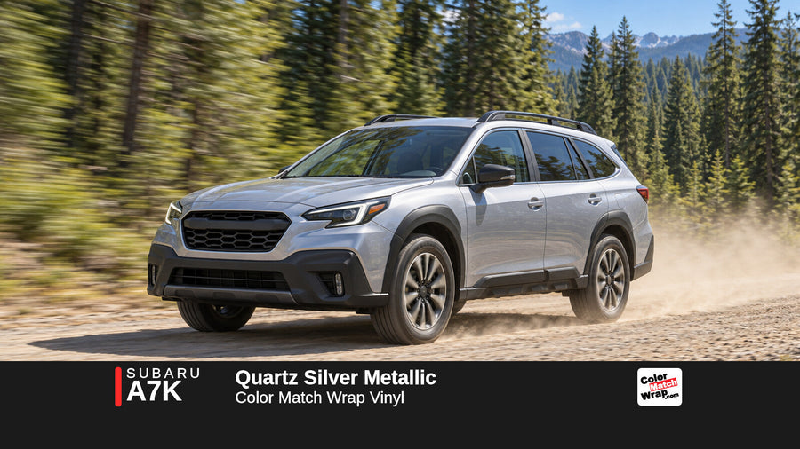 Illustrative Outback-inspired wagon in Subaru A7K Quartz Silver Metallic with Color Match Wrap branding