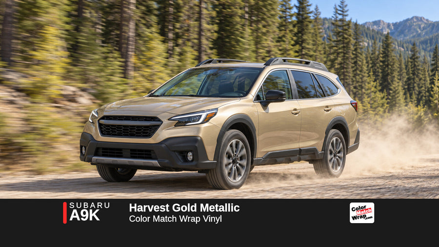 Illustrative Outback-inspired wagon in Subaru A9K Harvest Gold Metallic with Color Match Wrap branding