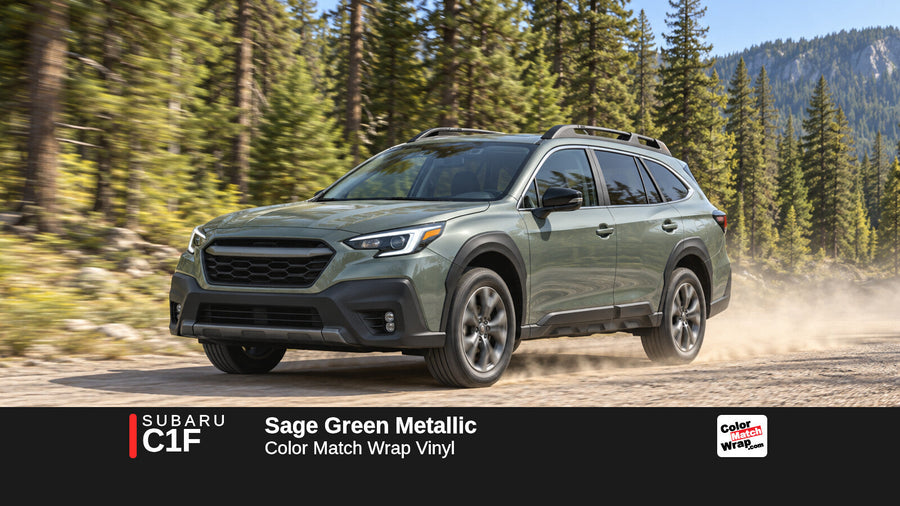 Illustrative Outback-inspired wagon in Subaru C1F Sage Green Metallic with Color Match Wrap branding