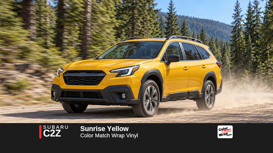 Illustrative Outback-inspired wagon in Subaru C2Z Sunrise Yellow with Color Match Wrap branding