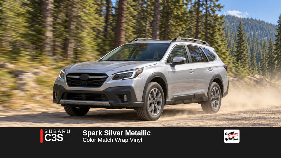 Illustrative Outback-inspired wagon in Subaru C3S Spark Silver Metallic with Color Match Wrap branding