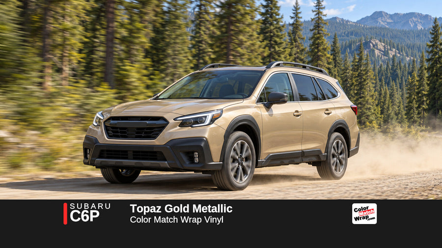 Illustrative Outback-inspired wagon in Subaru C6P Topaz Gold Metallic with Color Match Wrap branding