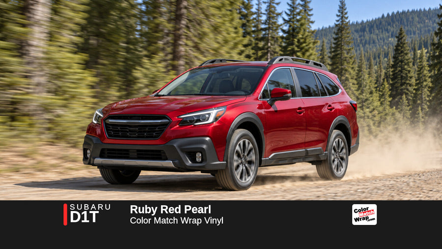 Illustrative Outback-inspired wagon in Subaru D1T Ruby Red Pearl with Color Match Wrap branding