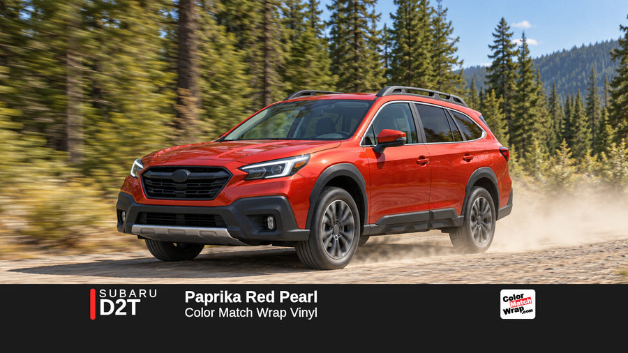 Illustrative Outback-inspired wagon in Subaru D2T Paprika Red Pearl with Color Match Wrap branding