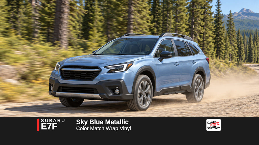 Illustrative Outback-inspired wagon in Subaru E7F Sky Blue Metallic with Color Match Wrap branding