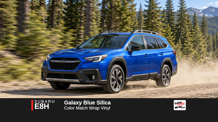 Illustrative Outback-inspired wagon in Subaru E8H Galaxy Blue Silica with Color Match Wrap branding