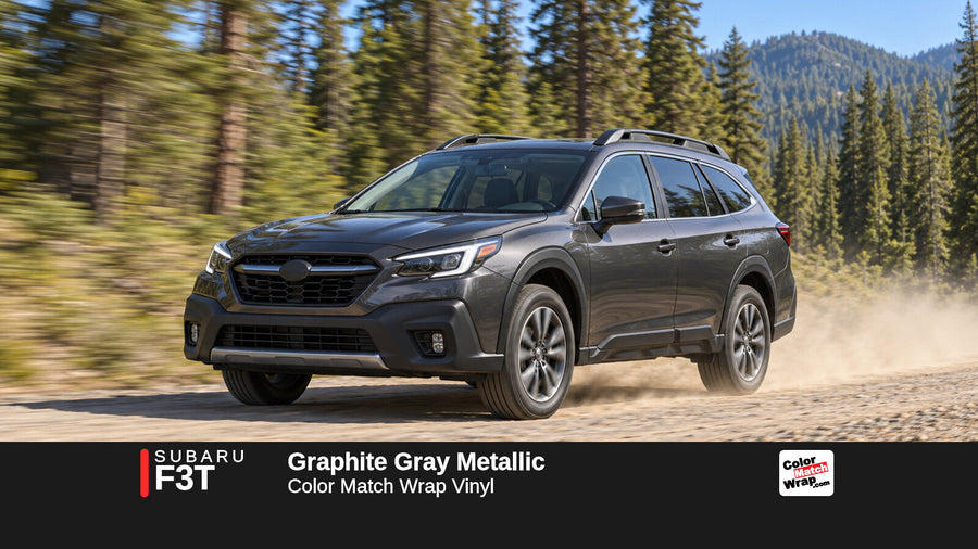 Illustrative Outback-inspired wagon in Subaru F3T Graphite Gray Metallic with Color Match Wrap branding