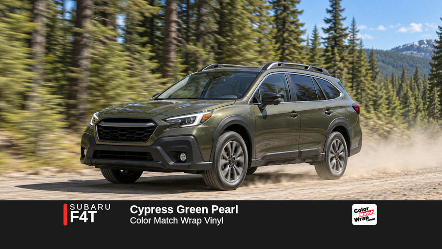 Illustrative Outback-inspired wagon in Subaru F4T Cypress Green Pearl with Color Match Wrap branding