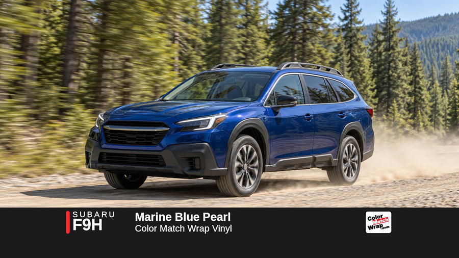 Illustrative Outback-inspired wagon in Subaru F9H Marine Blue Pearl with Color Match Wrap branding