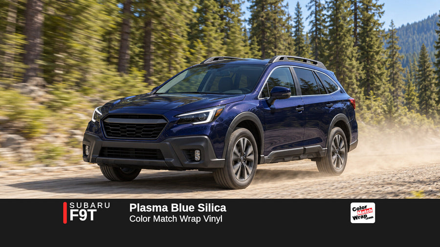Illustrative Outback-inspired wagon in Subaru F9T Plasma Blue Silica with Color Match Wrap branding