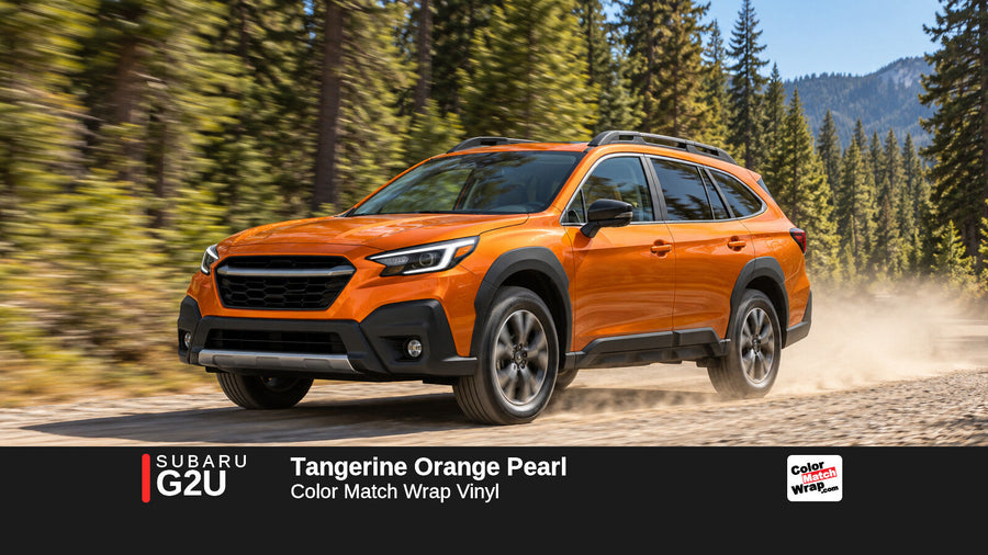 Illustrative Outback-inspired wagon in Subaru G2U Tangerine Orange Pearl with Color Match Wrap branding