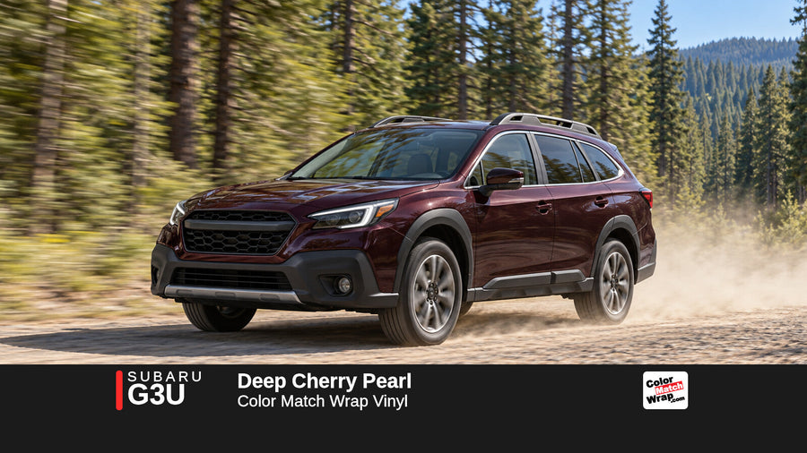 Illustrative Outback-inspired wagon in Subaru G3U Deep Cherry Pearl with Color Match Wrap branding