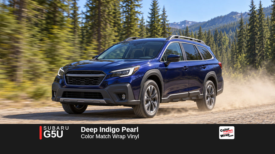 Illustrative Outback-inspired wagon in Subaru G5U Deep Indigo Pearl with Color Match Wrap branding