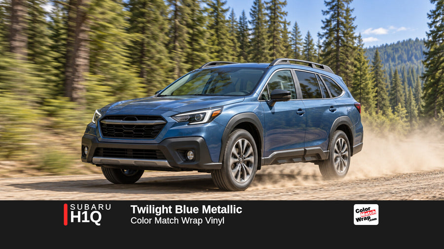 Illustrative Outback-inspired wagon in Subaru H1Q Twilight Blue Metallic with Color Match Wrap branding