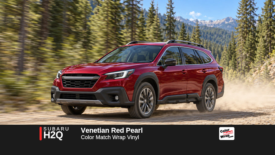Illustrative Outback-inspired wagon in Subaru H2Q Venetian Red Pearl with Color Match Wrap branding