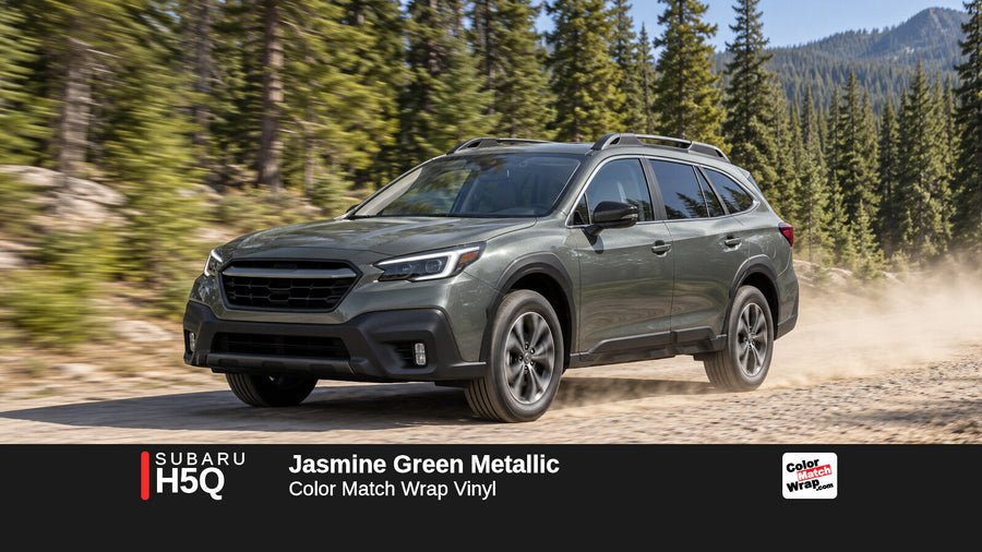 Illustrative Outback-inspired wagon in Subaru H5Q Jasmine Green Metallic with Color Match Wrap branding