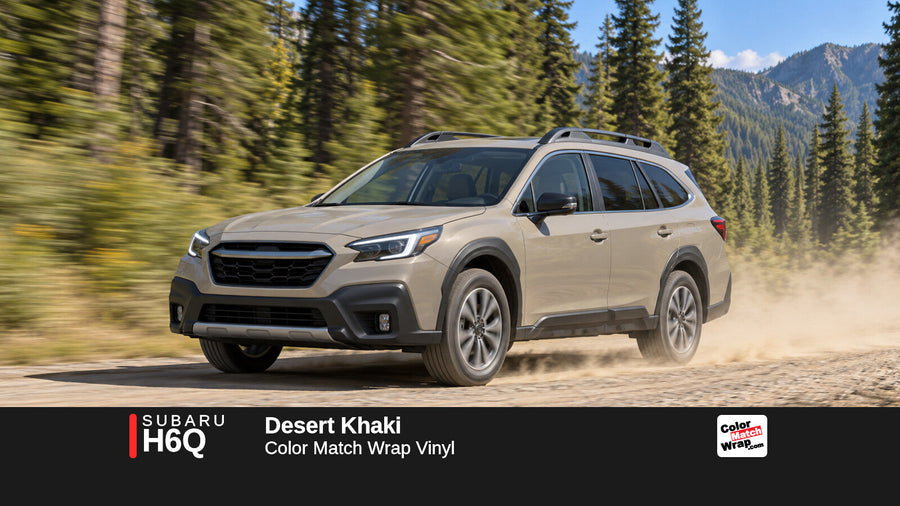 Illustrative Outback-inspired wagon in Subaru H6Q Desert Khaki with Color Match Wrap branding