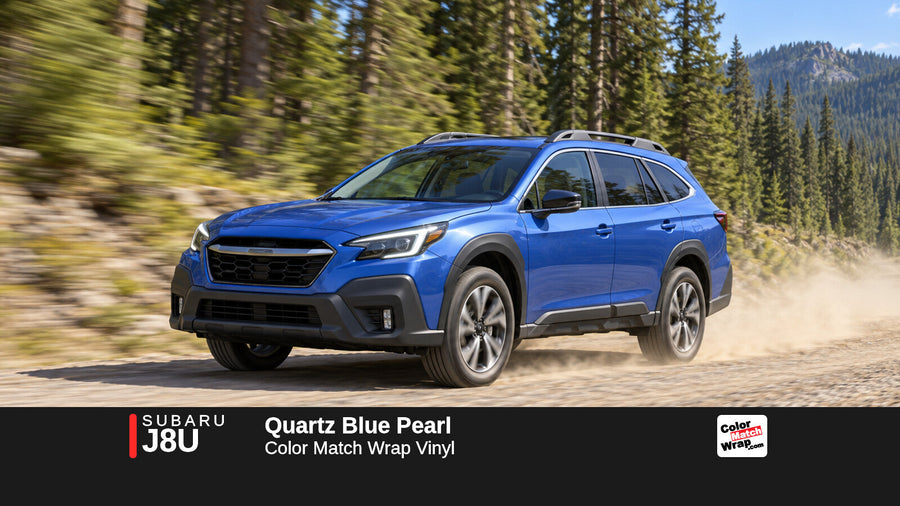 Illustrative Outback-inspired wagon in Subaru J8U Quartz Blue Pearl with Color Match Wrap branding