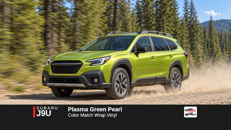 Illustrative Outback-inspired wagon in Subaru J9U Plasma Green Pearl with Color Match Wrap branding