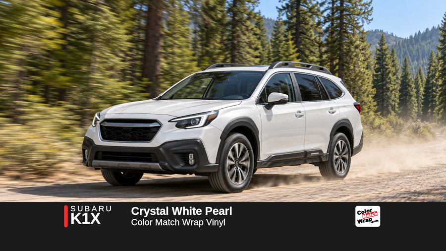 Illustrative Outback-inspired wagon in Subaru K1X Crystal White Pearl with Color Match Wrap branding