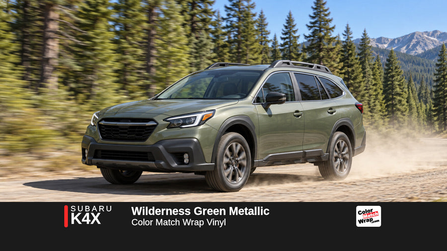 Illustrative Outback-inspired wagon in Subaru K4X Wilderness Green Metallic with Color Match Wrap branding