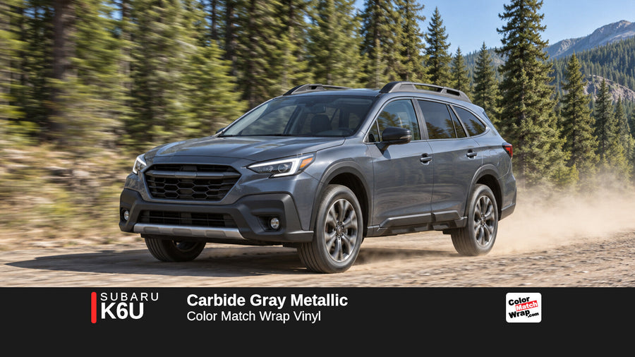 Illustrative Outback-inspired wagon in Subaru K6U Carbide Gray Metallic with Color Match Wrap branding