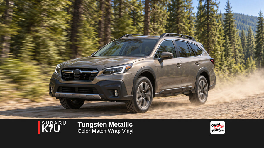 Illustrative Outback-inspired wagon in Subaru K7U Tungsten Metallic with Color Match Wrap branding