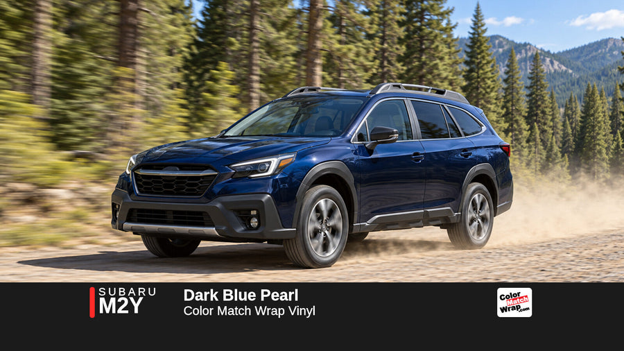 Illustrative Outback-inspired wagon in Subaru M2Y Dark Blue Pearl with Color Match Wrap branding