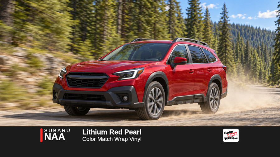 Illustrative Outback-inspired wagon in Subaru NAA Lithium Red Pearl with Color Match Wrap branding