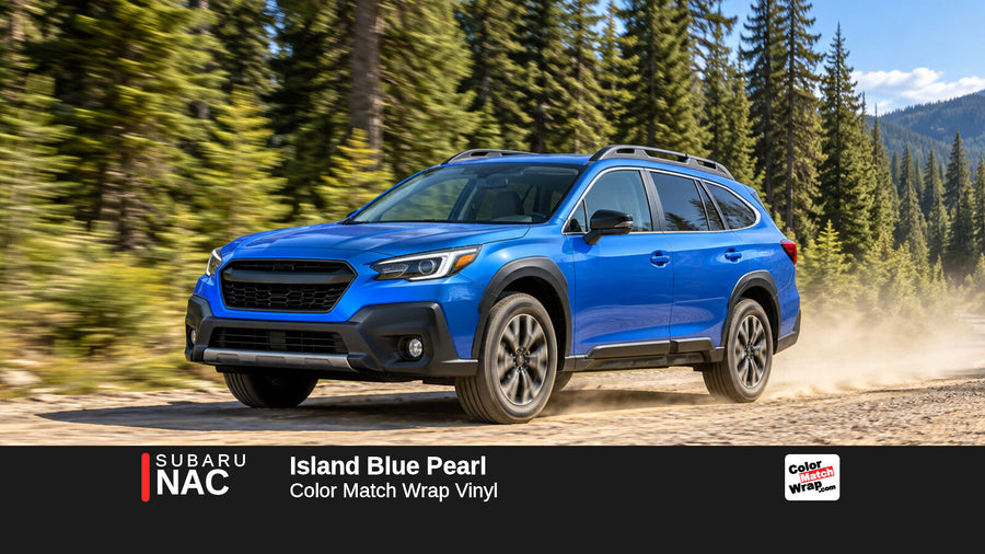 Illustrative Outback-inspired wagon in Subaru NAC Island Blue Pearl with Color Match Wrap branding