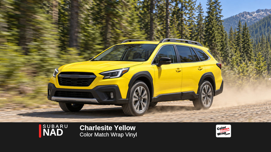 Illustrative Outback-inspired wagon in Subaru NAD Charlesite Yellow with Color Match Wrap branding