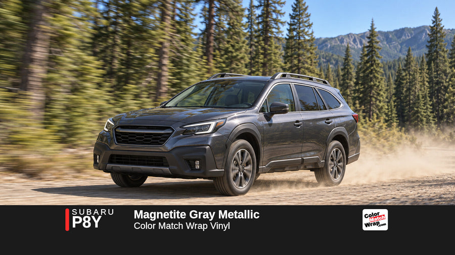 Illustrative Outback-inspired wagon in Subaru P8Y Magnetite Gray Metallic with Color Match Wrap branding