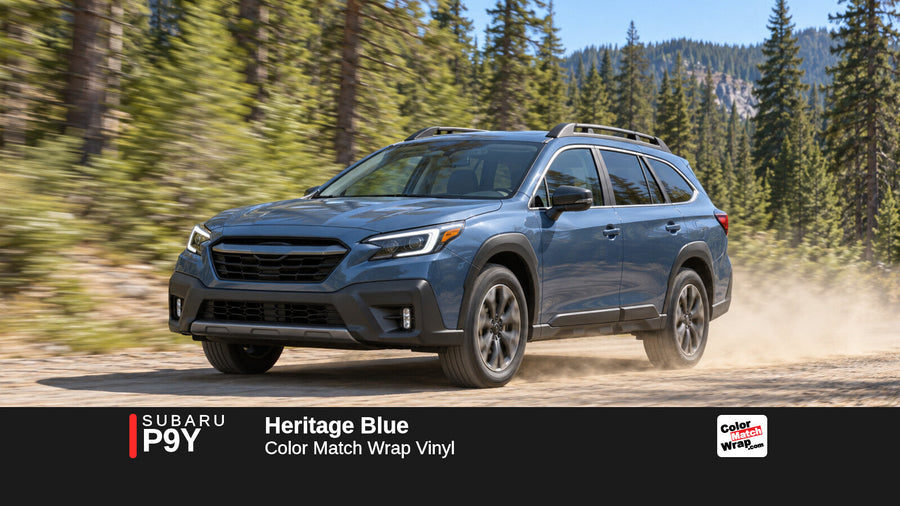 Illustrative Outback-inspired wagon in Subaru P9Y Heritage Blue with Color Match Wrap branding