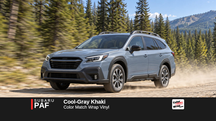 Illustrative Outback-inspired wagon in Subaru PAF Cool-Gray Khaki with Color Match Wrap branding