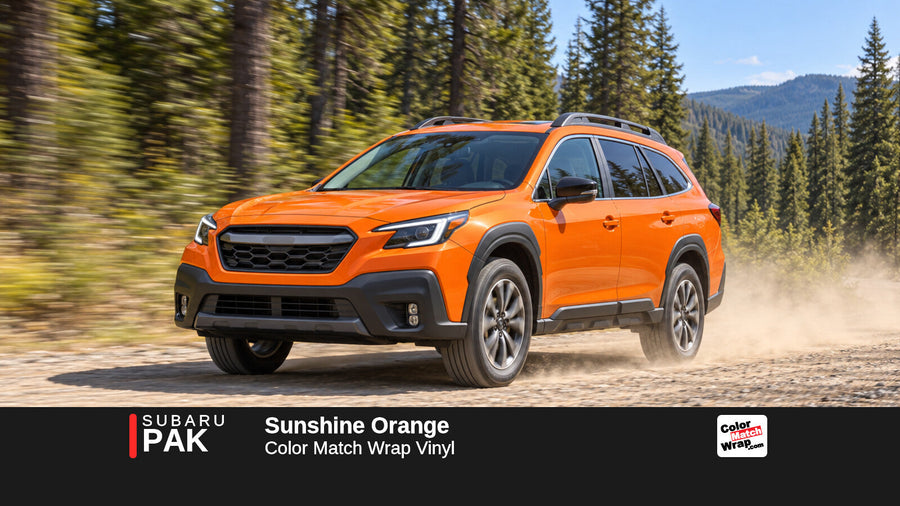 Illustrative Outback-inspired wagon in Subaru PAK Sunshine Orange with Color Match Wrap branding