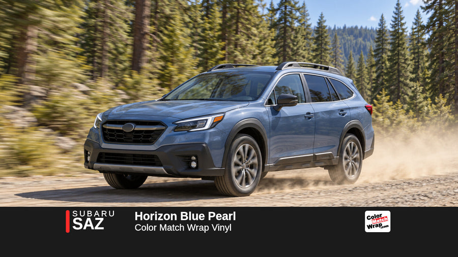 Illustrative Outback-inspired wagon in Subaru SAZ Horizon Blue Pearl with Color Match Wrap branding