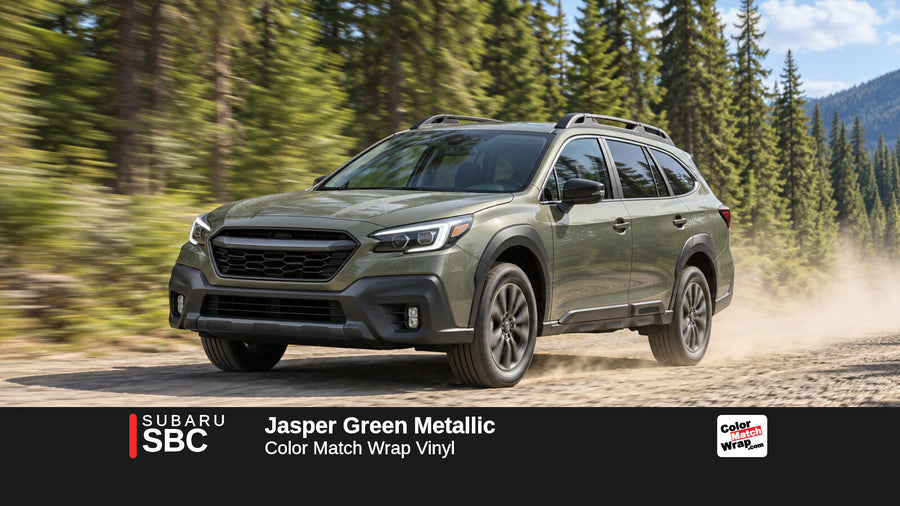 Illustrative Outback-inspired wagon in Subaru SBC Jasper Green Metallic with Color Match Wrap branding