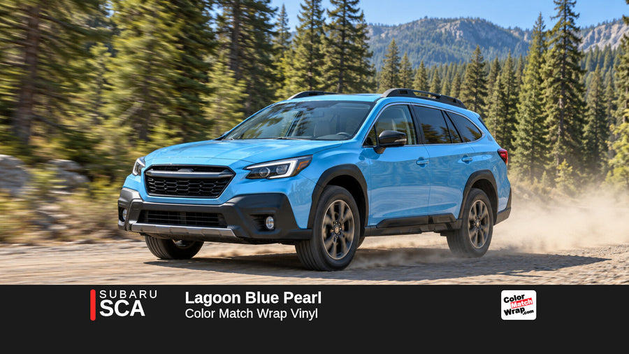 Illustrative Outback-inspired wagon in Subaru SCA Lagoon Blue Pearl with Color Match Wrap branding