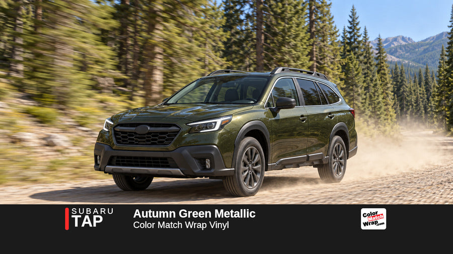 Illustrative Outback-inspired wagon in Subaru TAP Autumn Green Metallic with Color Match Wrap branding