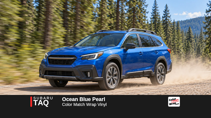 Illustrative Outback-inspired wagon in Subaru TAQ Ocean Blue Pearl with Color Match Wrap branding