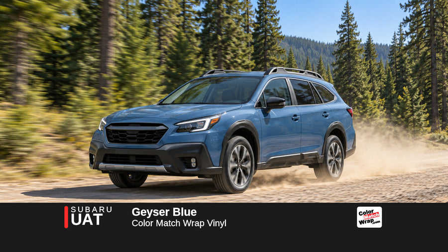 Illustrative Outback-inspired wagon in Subaru UAT Geyser Blue with Color Match Wrap branding