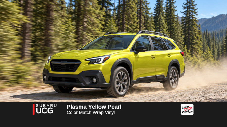 Illustrative Outback-inspired wagon in Subaru UCG Plasma Yellow Pearl with Color Match Wrap branding