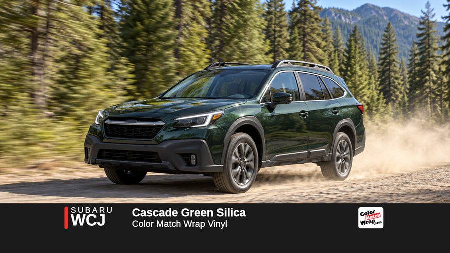 Illustrative Outback-inspired wagon in Subaru WCJ Cascade Green Silica with Color Match Wrap branding