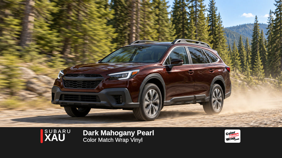 Illustrative Outback-inspired wagon in Subaru XAU Dark Mahogany Pearl with Color Match Wrap branding
